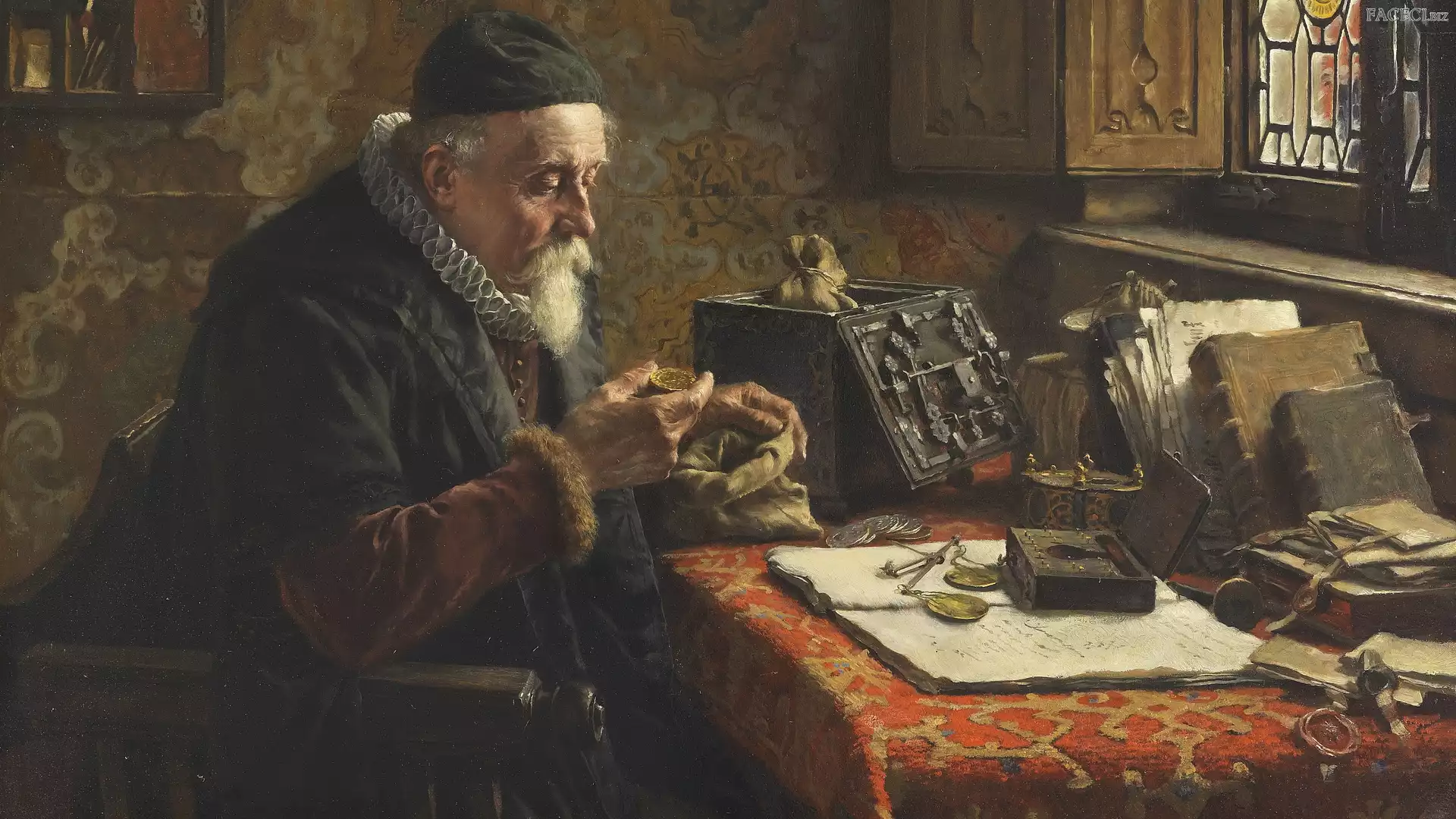 Mężczyzna, Okno, Worek, Malarstwo, Stół, Książki, Max Gaisser, Obraz, Monety